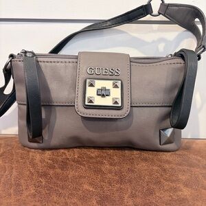 Sleek Taupe Gray Luxe Guess Crossbody Y2K Revival Chic Studded Hardware Gunmetal